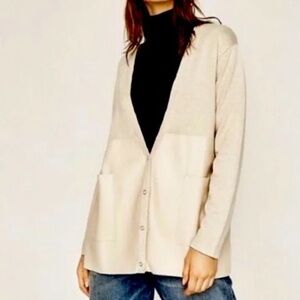 Zara Knit Button Cardigan Sweater Long Faux Leather Detail Pockets beige sz sm